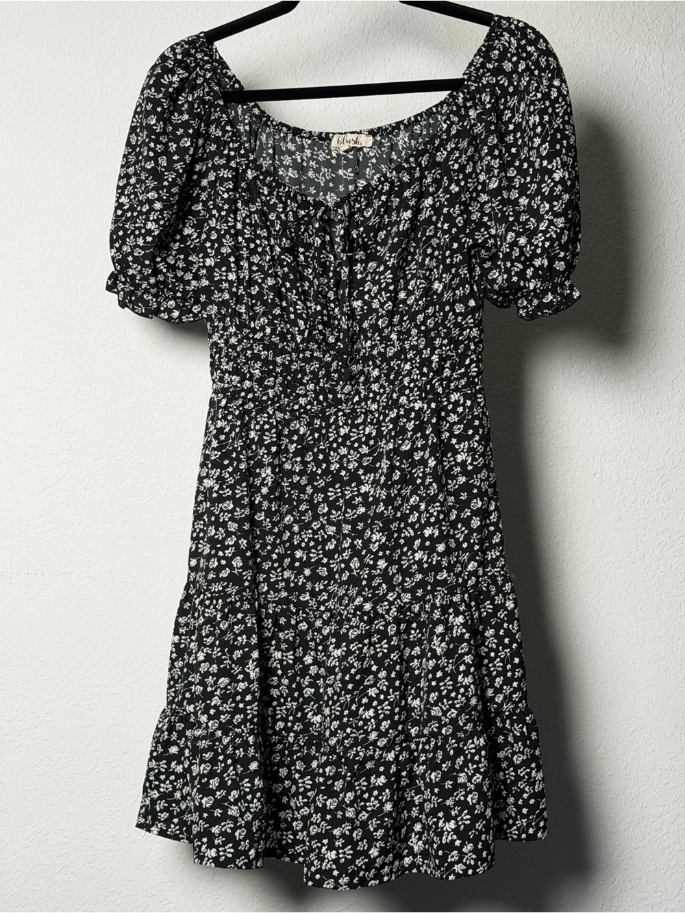 Blush Black Mini Dress with White Floral Print